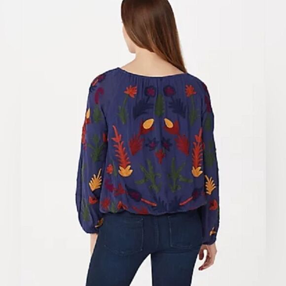 Laurie Felt Embroidered Boho Top Navy Women L - Picture 2 of 11